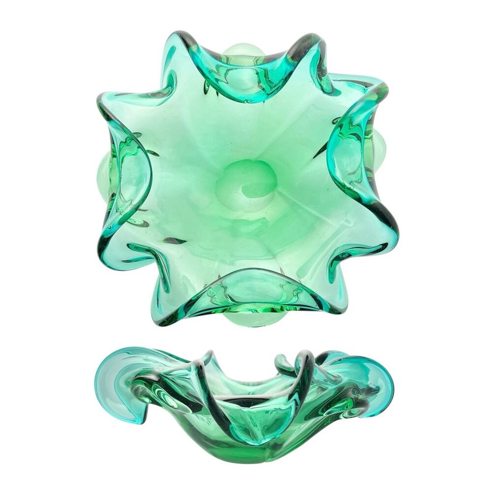 1960s Mid-century Murano Sommerso Emerald Green Flared Scalloped Bowl 8 1/4”
